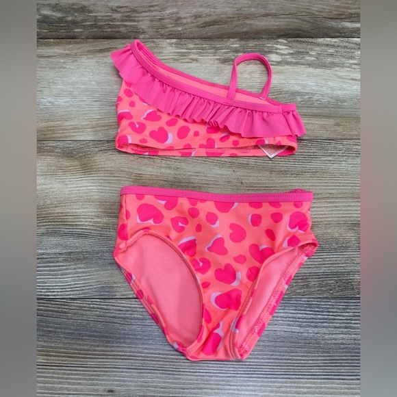 Cat & Jack Girls' One Shoulder Ruffle Bikini Set Size 12M Pink Hearts Swimsuit - Picture 2 of 10
